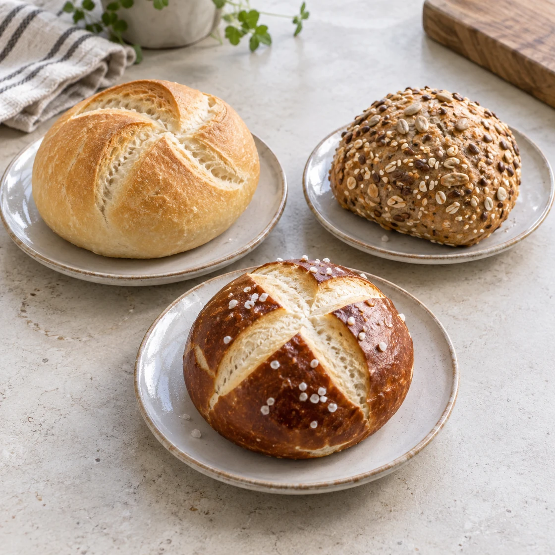 1 brötchen kalorien: Weizenbrötchen, Körnerbrötchen und Laugengebäck auf Tellern