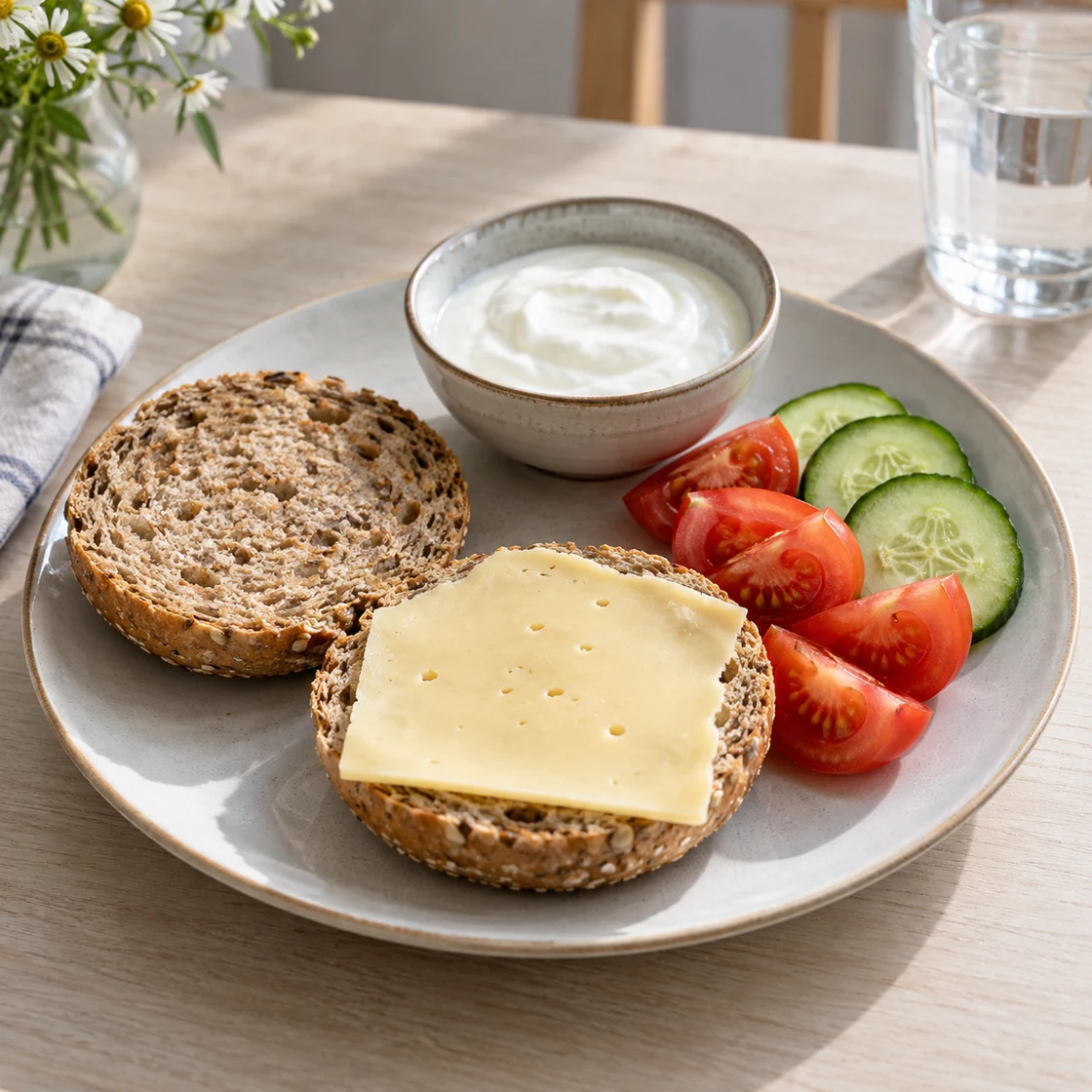 1 brötchen kalorien: Brötchenhälften mit Käse, Gemüse und Naturjoghurt