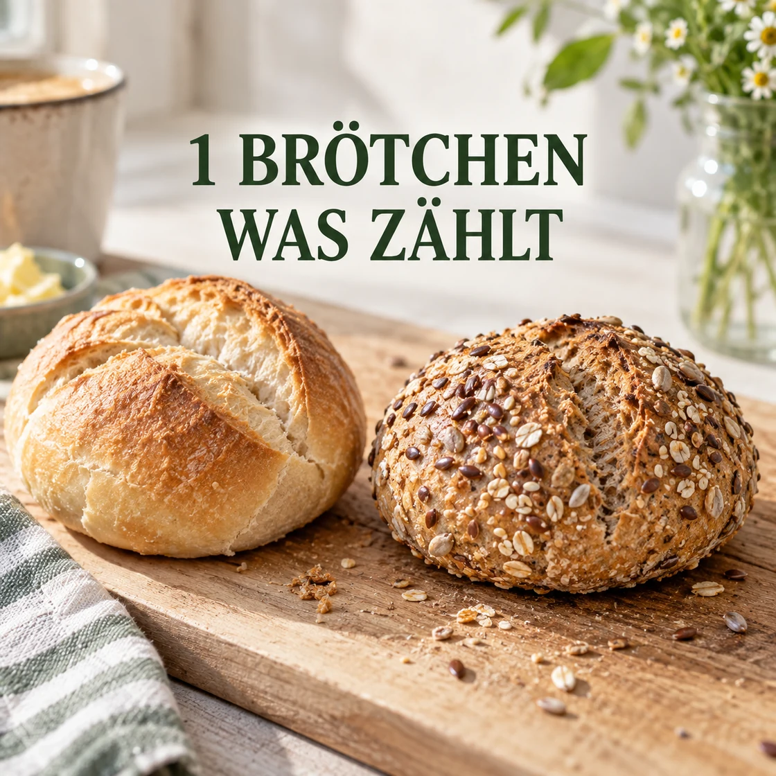 1 brötchen kalorien: helles und körniges Brötchen mit Schriftzug 1 BRÖTCHEN WAS ZÄHLT