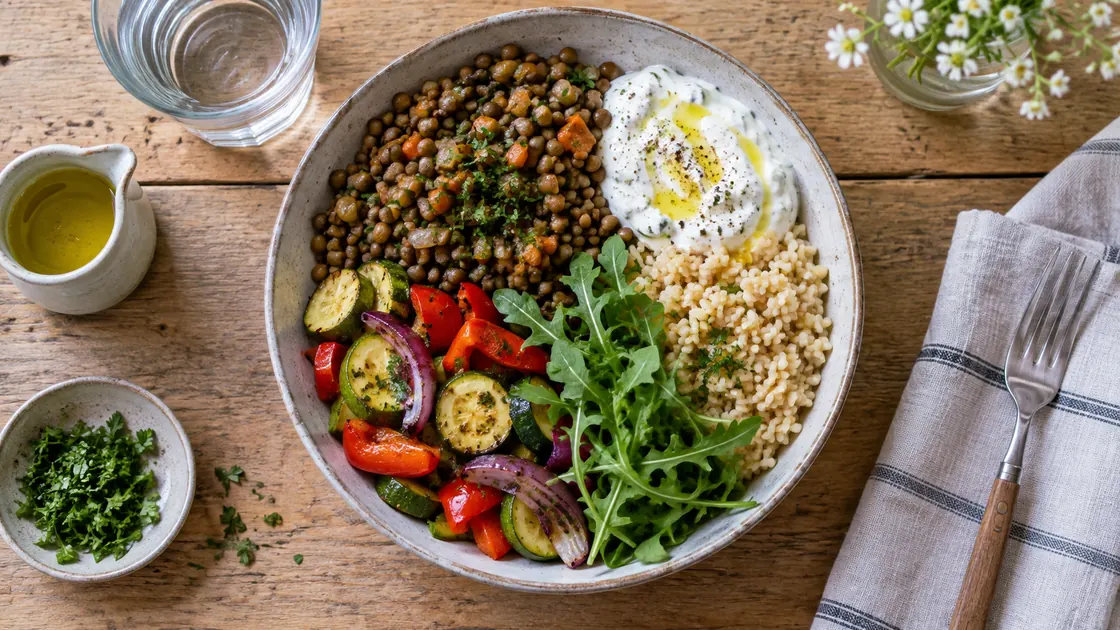 1200 Kalorien Diät – Linsen, Vollkorn, Gemüse, Joghurt und Pflanzenöl als nährstoffreiche Mahlzeit.