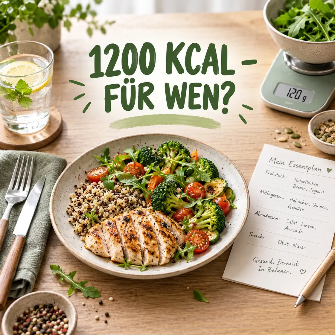 1200 Kalorien Diät – ausgewogene Mahlzeit, Küchenwaage und Tagesplan mit der Frage für wen 1.200 kcal passen.