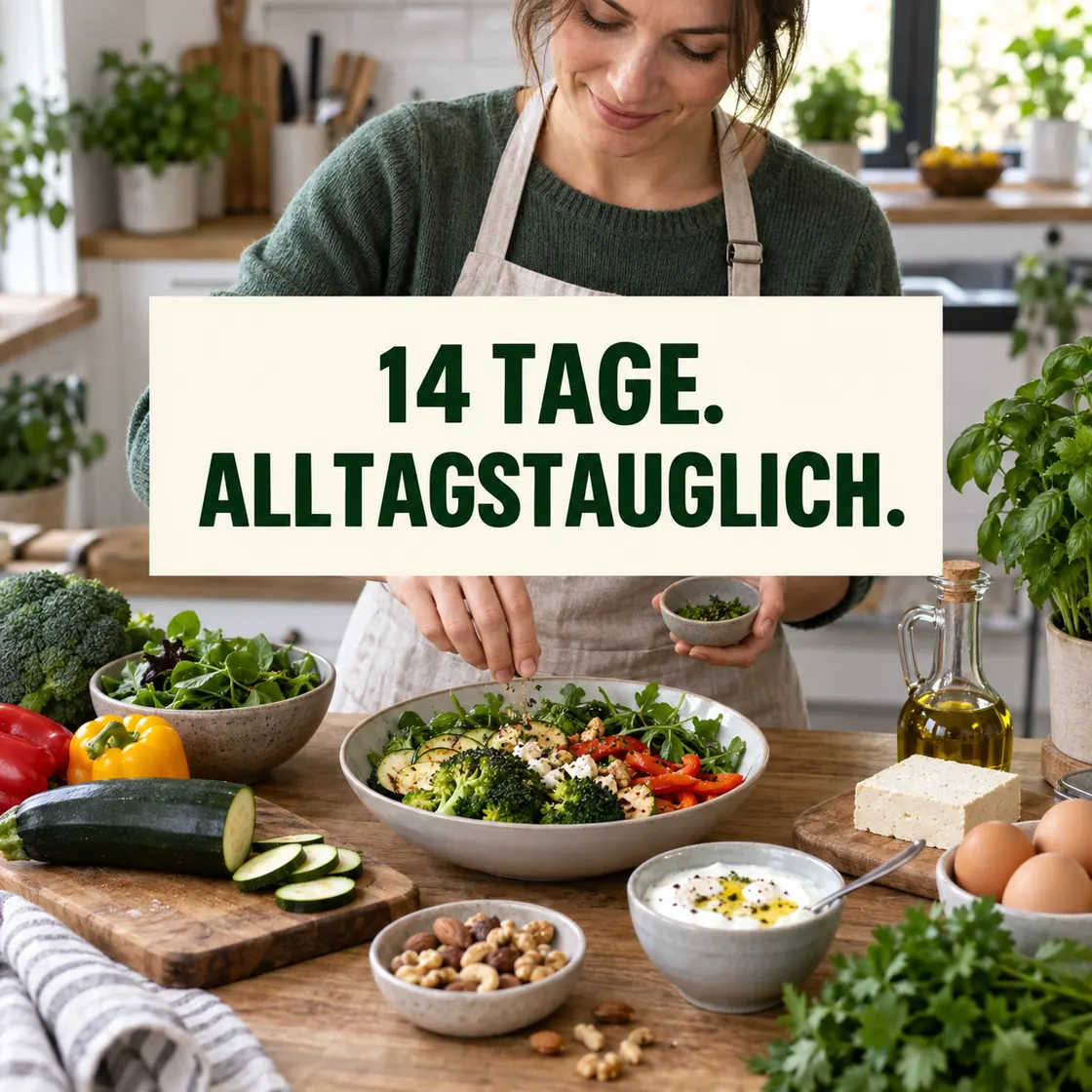 2 Wochen Diätplan ohne Kohlenhydrate – erwachsene Person bereitet eine gemüsereiche Mahlzeit mit zentraler 14-Tage-Überschrift zu.