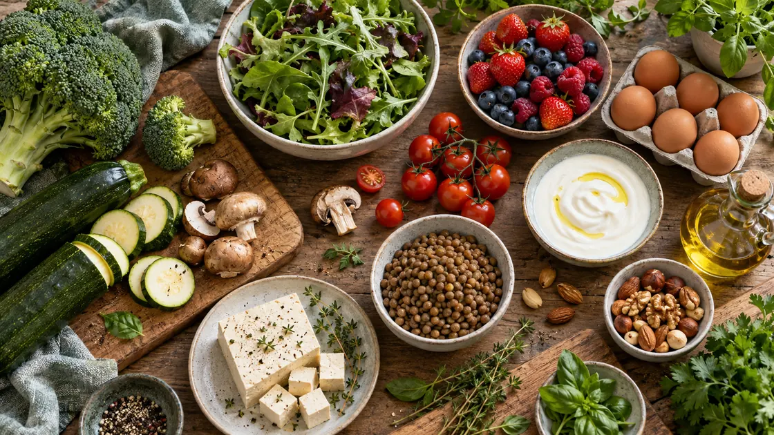 2 Wochen Diätplan ohne Kohlenhydrate – Gemüse, Beeren, Eier, Tofu, Joghurt, Linsen, Nüsse und Öl für den Einkauf.