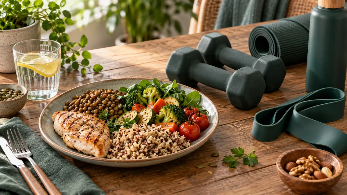 20 Kilo abnehmen – eiweißreiche Mahlzeit mit Hanteln für den Erhalt der Muskulatur.