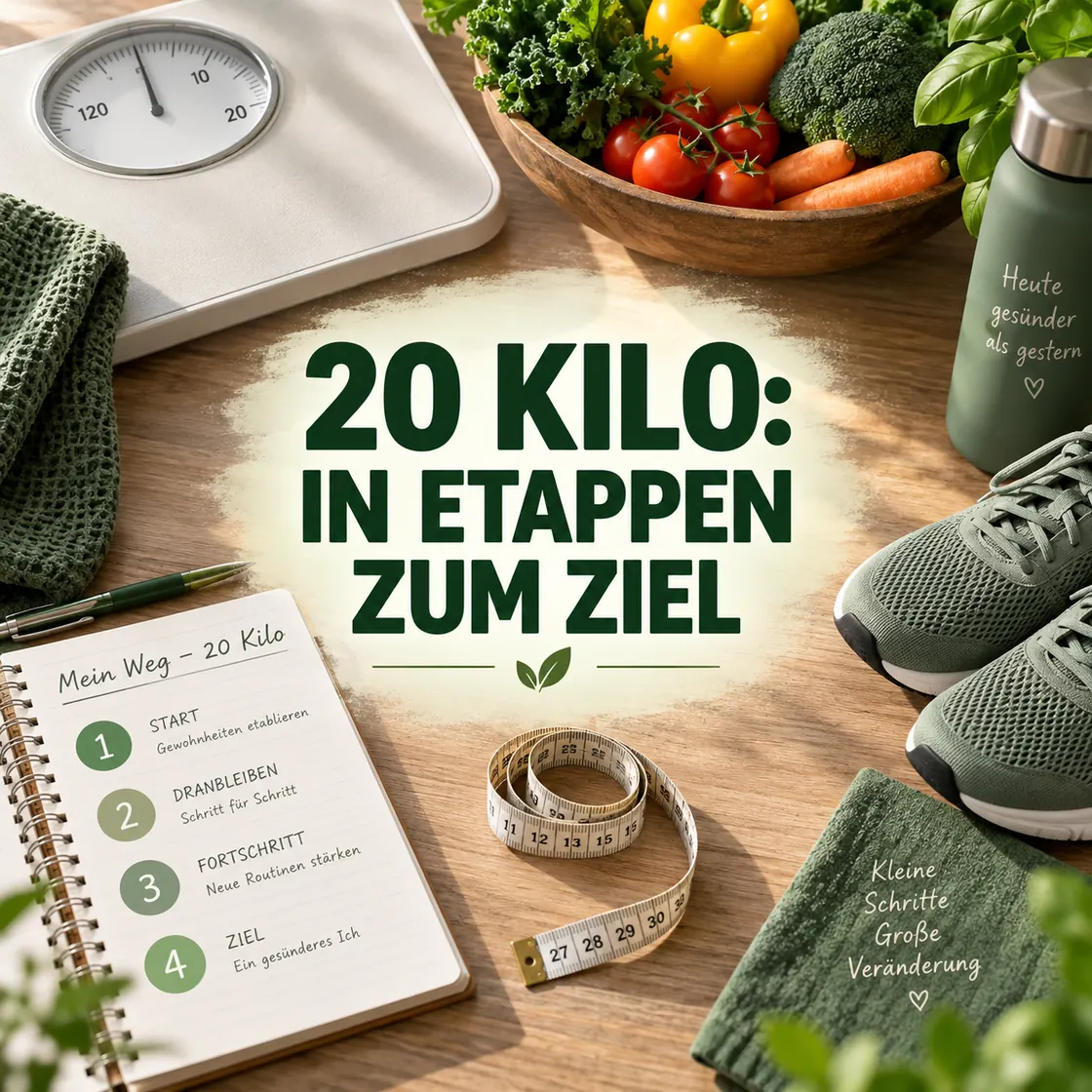 20 Kilo abnehmen – Waage, Gemüse und Etappenplan für ein langfristiges Gewichtsprojekt.