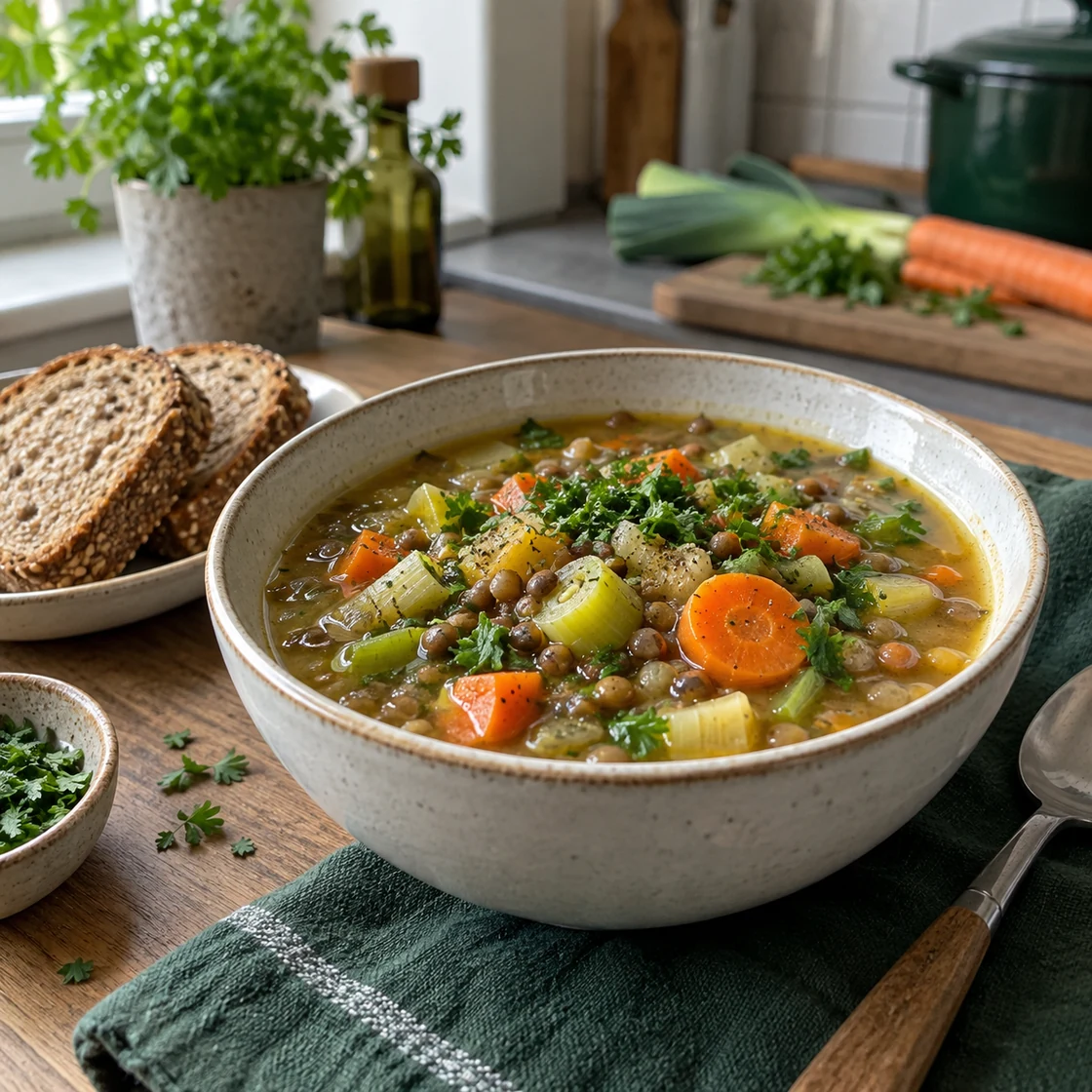 5 2 diät – Gemüsesuppe mit Linsen und Brot
