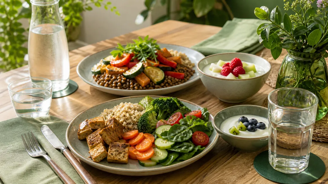 8 16 Diät – vorbereitete Mahlzeiten mit Gemüse, Vollkorn, Tofu, Joghurt, Obst und Wasser.