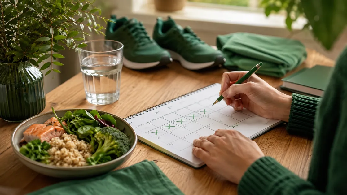 8 16 Diät – privater 14-Tage-Kalender mit Mahlzeit, Wasser und Schuhen für die spätere Prüfung.