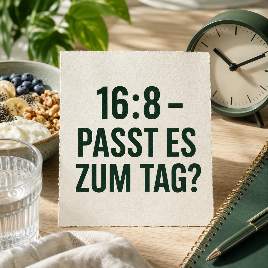 8 16 Diät – Frühstück, Wasserglas, Uhr und Karte zur Alltagstauglichkeit des Essensfensters.