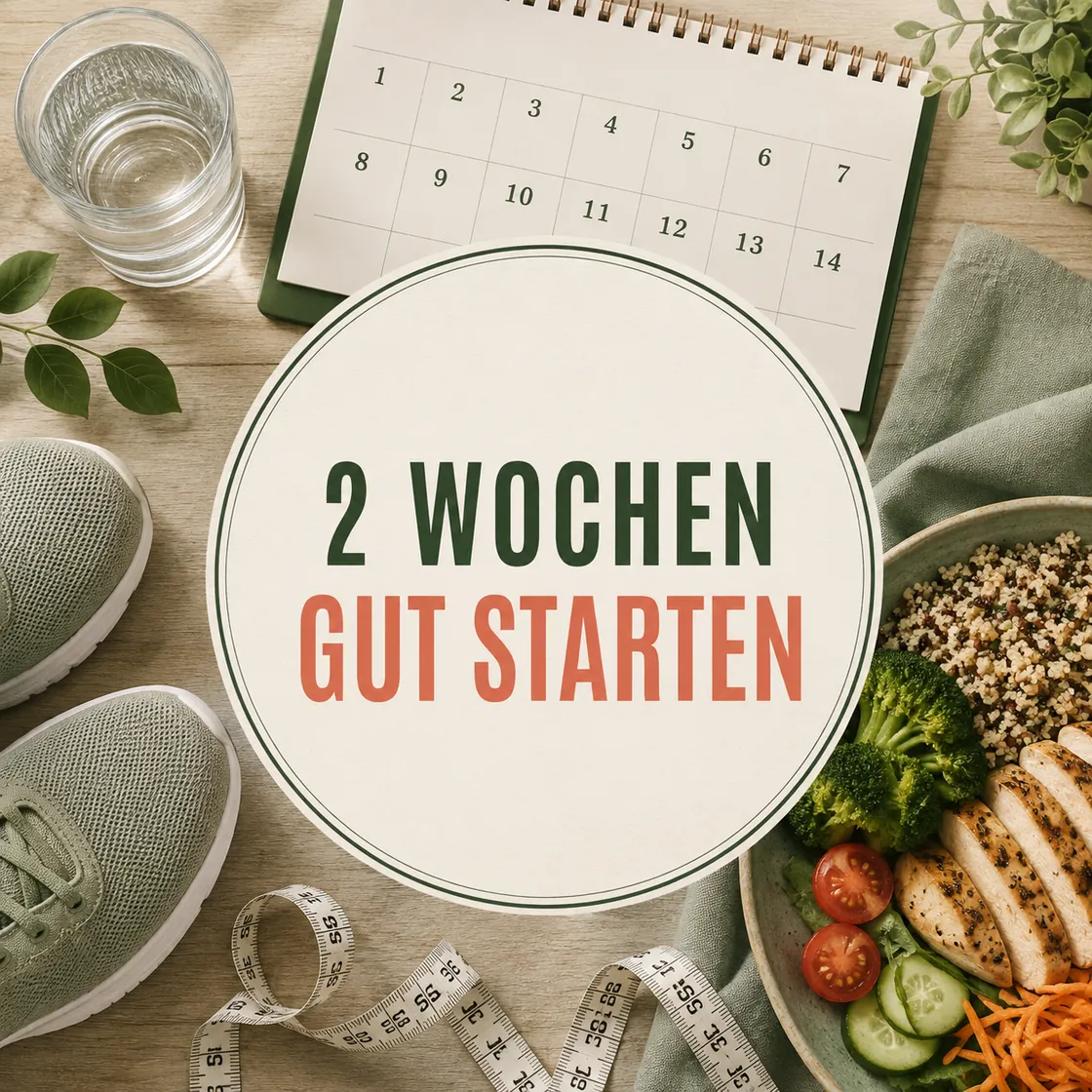 Abnehmen in 2 Wochen – 14-Tage-Kalender, ausgewogene Mahlzeit, Schuhe und Maßband.