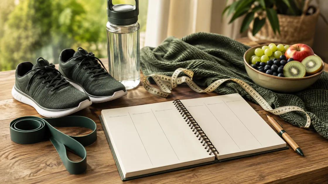Abnehmen in 4 Wochen – Schuhe, Widerstandsband, Wasser, Maßband und Wochenplan.