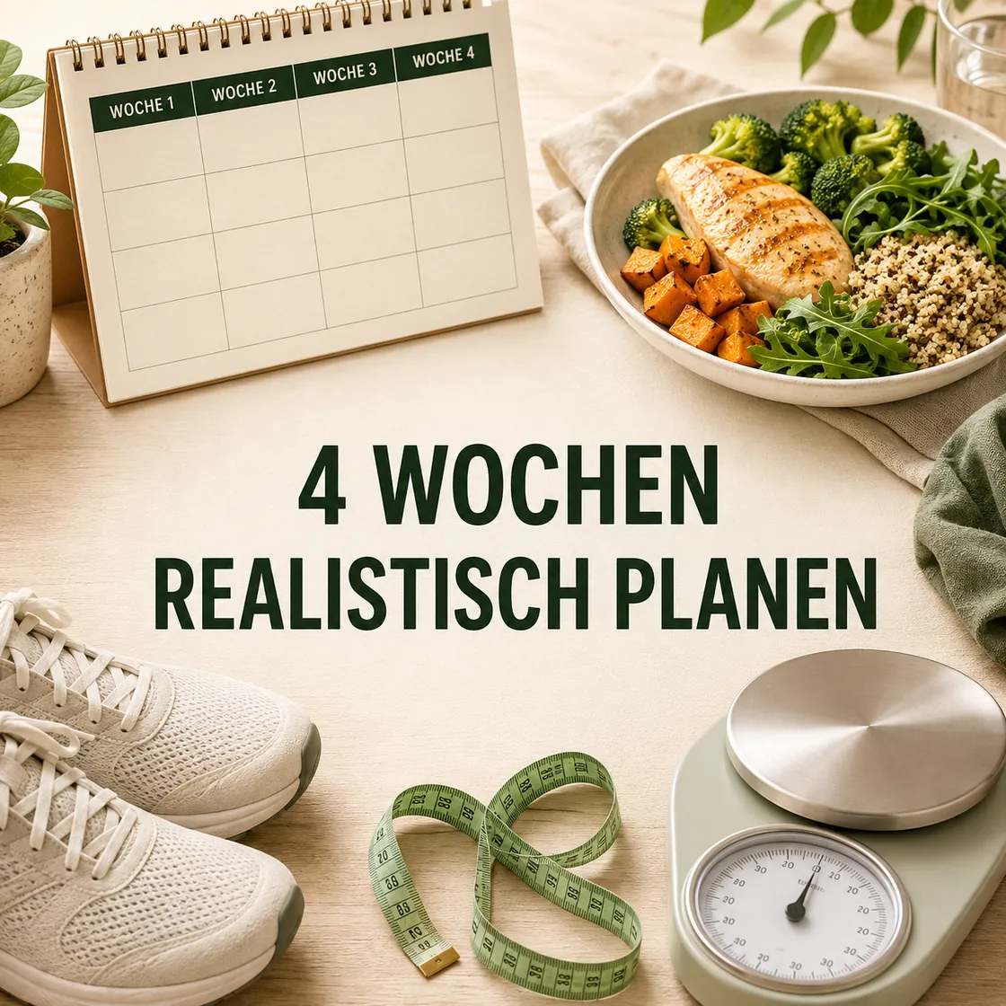 Abnehmen in 4 Wochen – Kalender, ausgewogene Mahlzeit, Schuhe, Maßband und Küchenwaage.