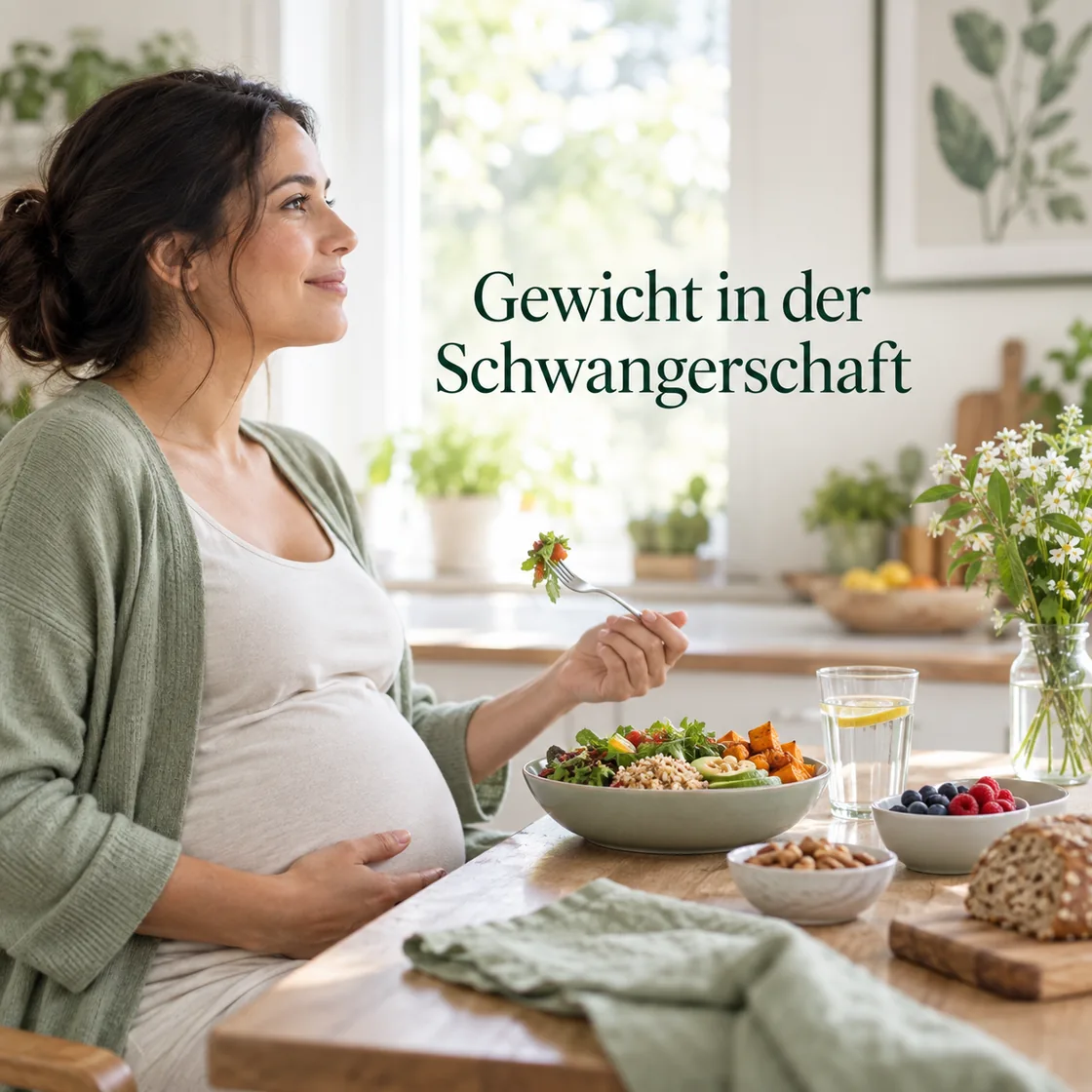 abnehmen in der schwangerschaft – schwangere Frau bei ausgewogener Mahlzeit und Bildtitel Gewicht in der Schwangerschaft