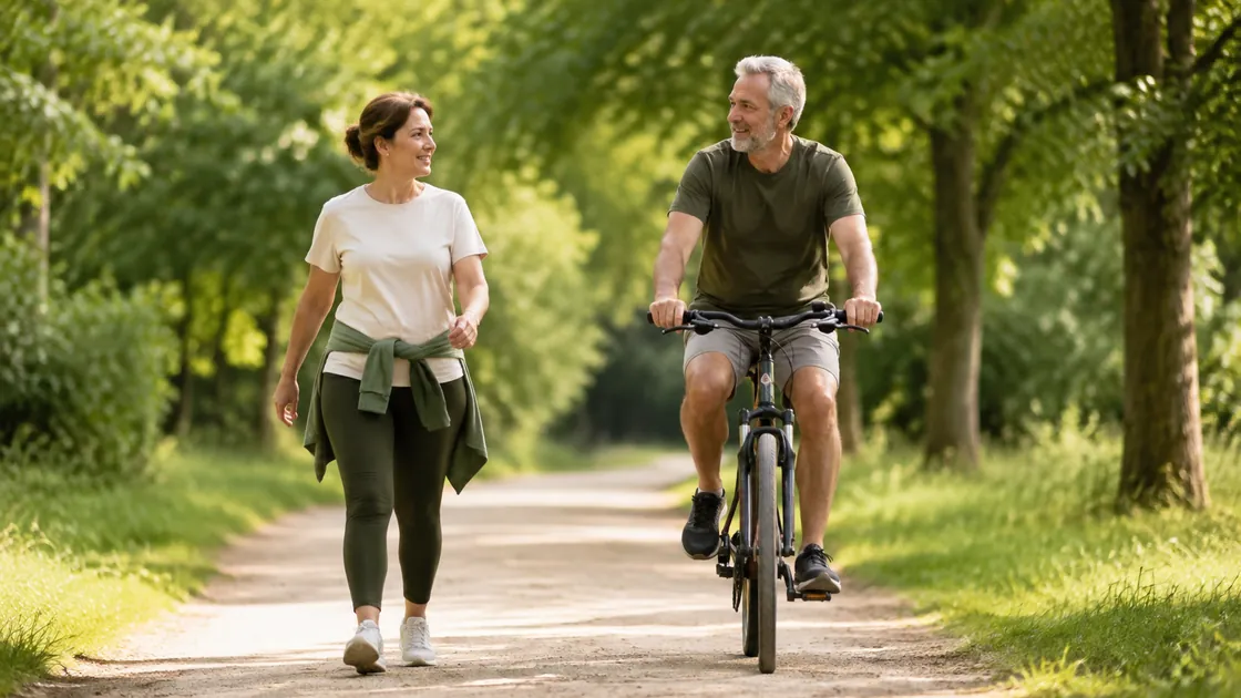 Abnehmen mit Sport – Erwachsene beim zügigen Gehen und entspannten Radfahren im Park.