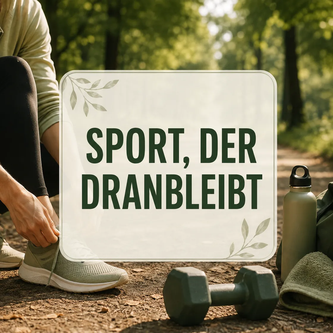 Abnehmen mit Sport – Laufschuhe, Hantel und Wasser mit dem Hinweis Sport, der dranbleibt.