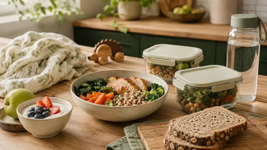 Abnehmen nach Geburt – vorbereitete Mahlzeiten, Wasser, Obst und Vollkornbrot für den Familienalltag.