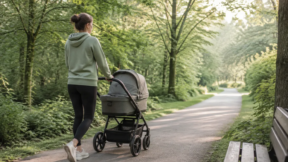 Abnehmen nach Geburt – ruhiger Spaziergang mit Kinderwagen als sanfter Bewegungseinstieg.
