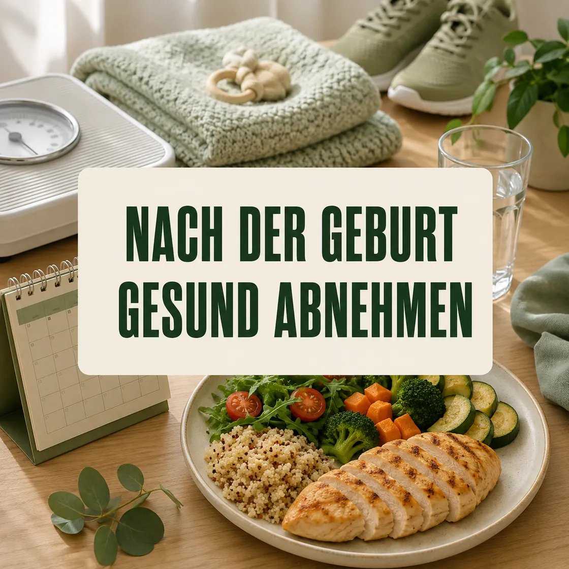 Abnehmen nach Geburt – Waage, Babydecke, ausgewogene Mahlzeit und Wochenplan.
