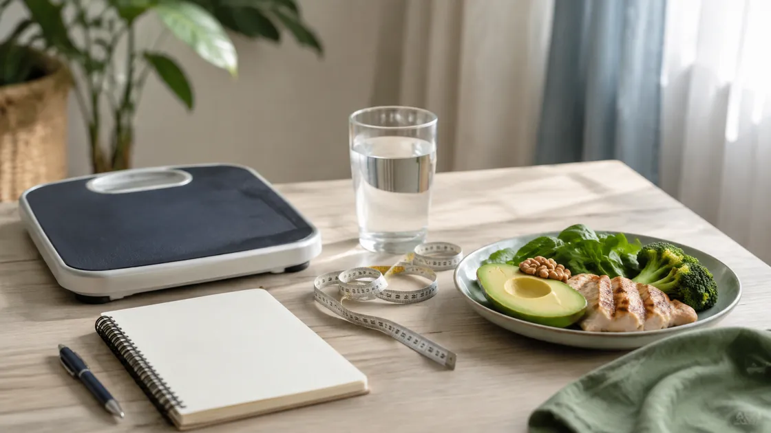 Abnehmen ohne Kohlenhydrate – Waage, Wasser, Maßband und kohlenhydratärmere Mahlzeit zur Gewichtskontrolle.
