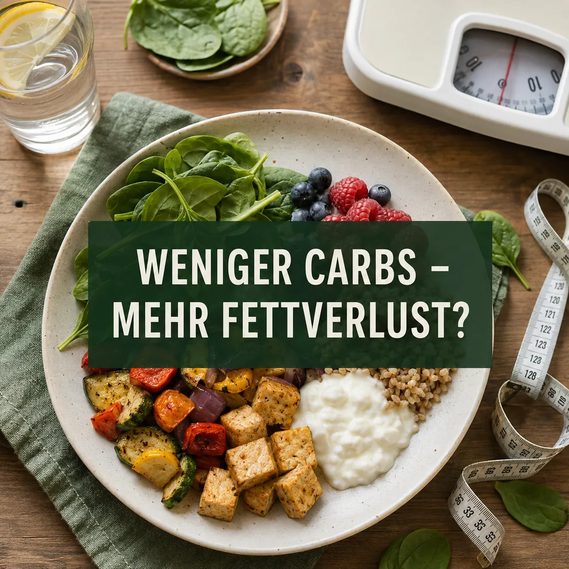 Abnehmen ohne Kohlenhydrate – ausgewogene Mahlzeit, Waage und Maßband mit der Frage nach dem Fettverlust.
