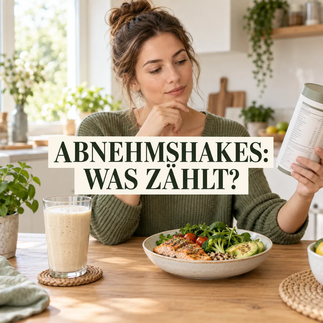 Shakes zum Abnehmen – Glas mit Mahlzeitenersatz, Messlöffel und Etikett auf grünem Grund.