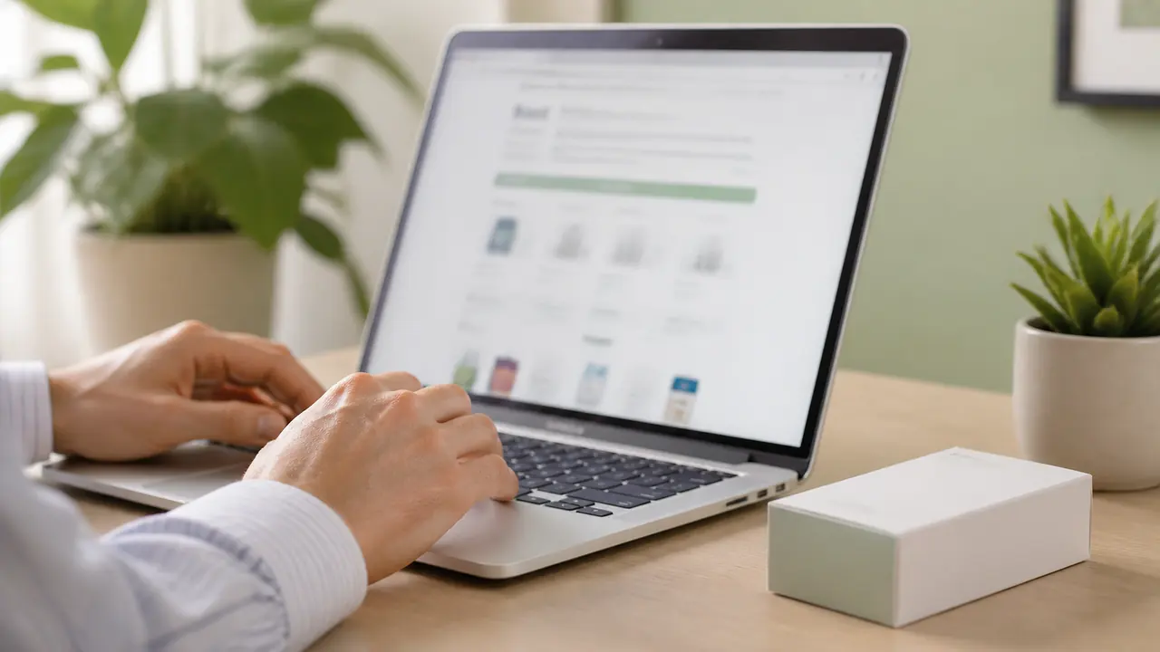 Pillen zum Abnehmen die wirklich helfen – Eine Person prüft ein Online-Angebot am Laptop neben einer neutralen Packung
