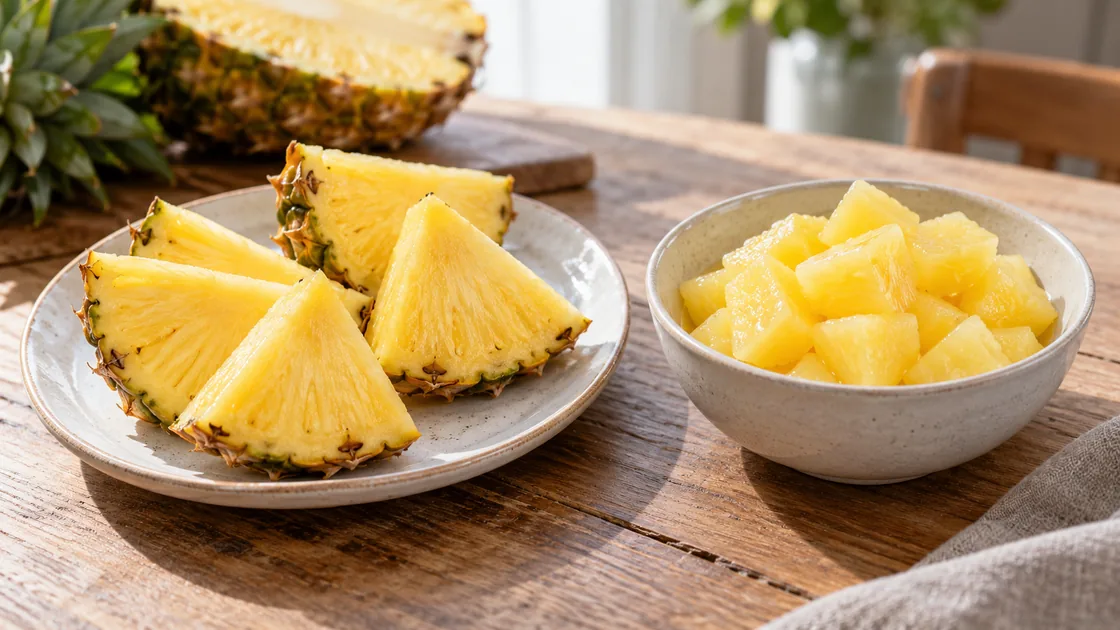 Ananas gesund: frische Stücke und Konservenstücke nebeneinander