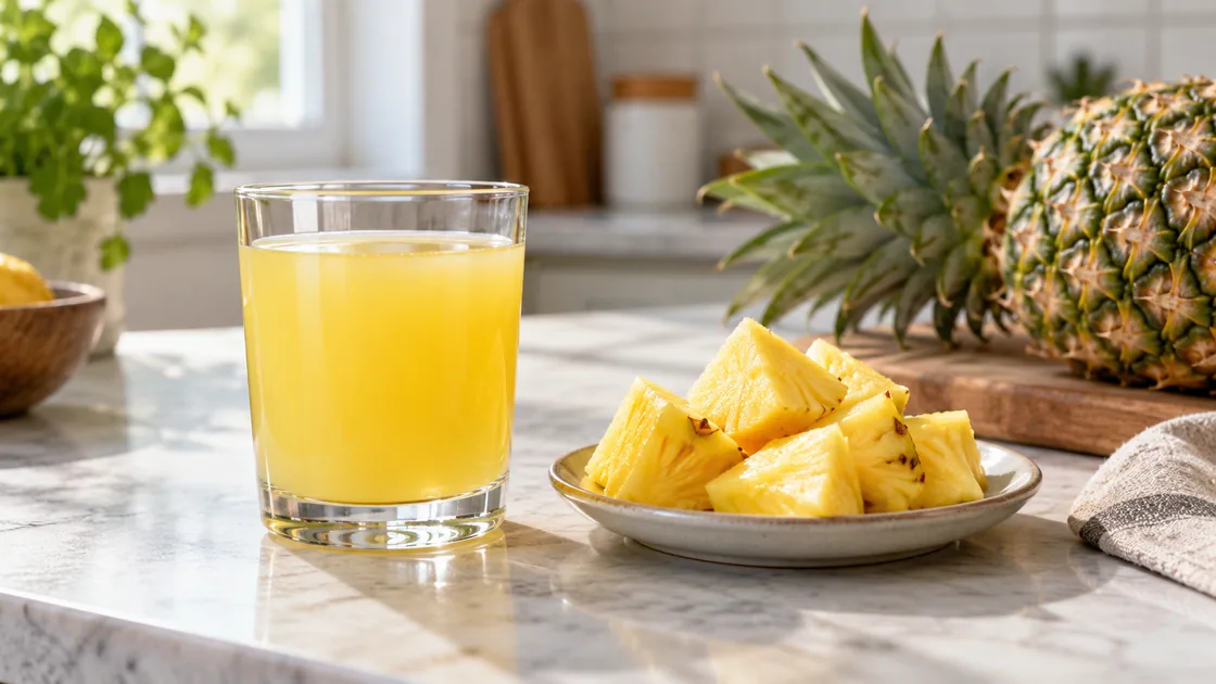 Ananas gesund: Fruchtstücke und ein Glas Ananassaft