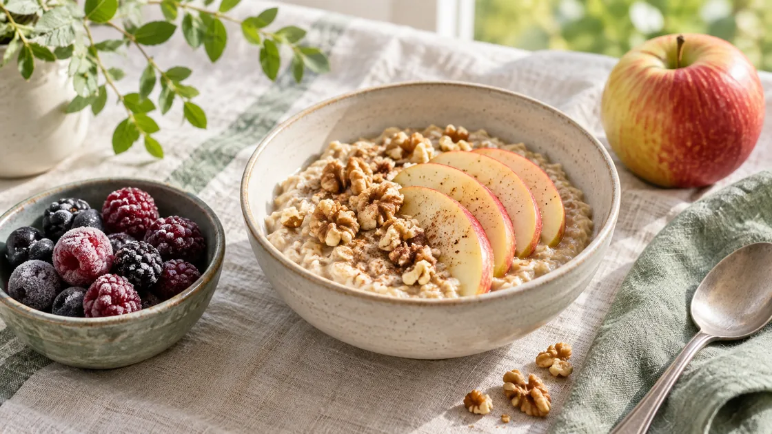 antioxidantien lebensmittel – Haferbrei mit Apfel und Walnüssen neben gefrorenen Beeren