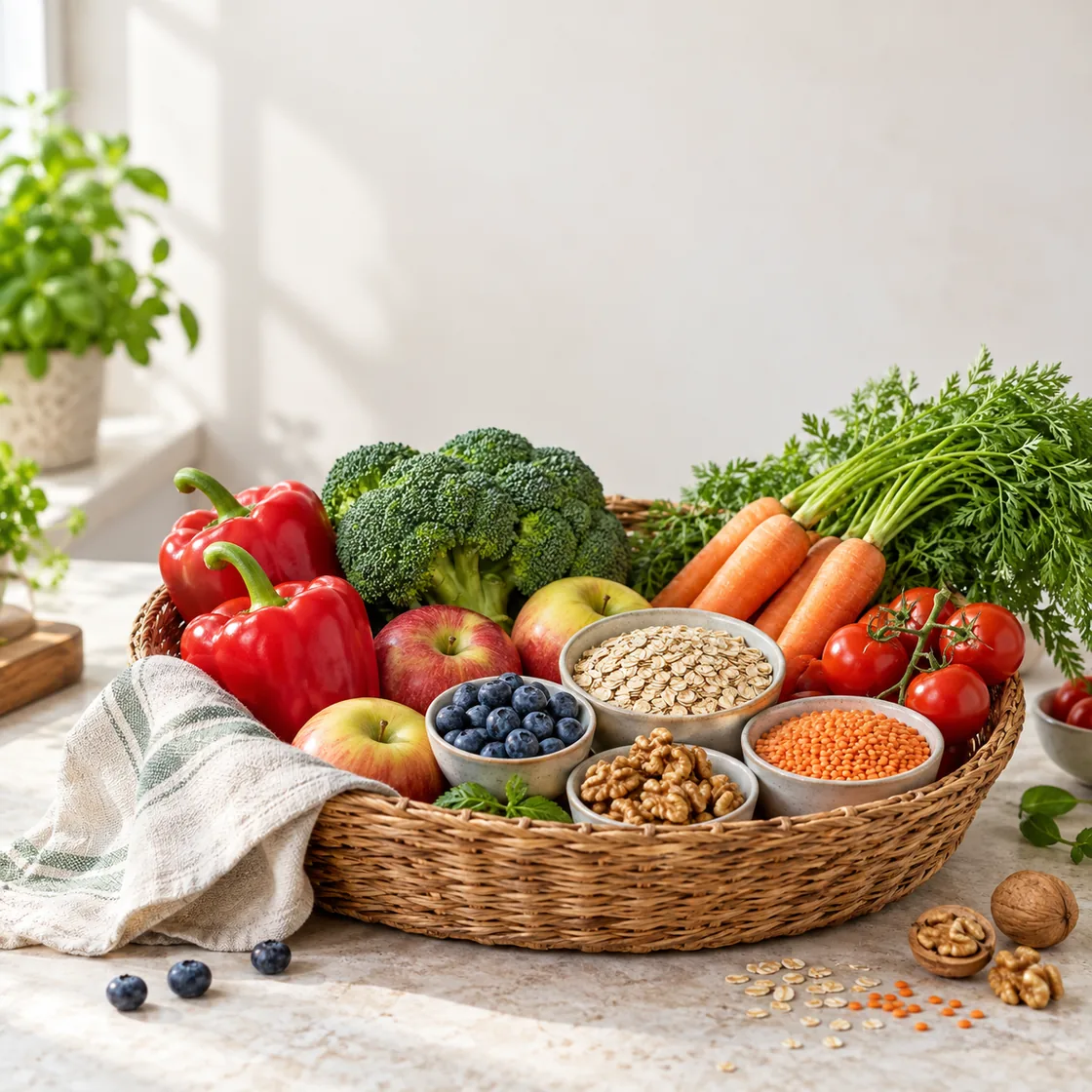 antioxidantien lebensmittel – Gemüse, Obst, Hafer, Linsen und Walnüsse in einem Korb