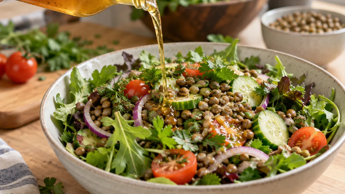 apfelessig gesund – Salat mit Apfelessig-Dressing als Teil einer Mahlzeit
