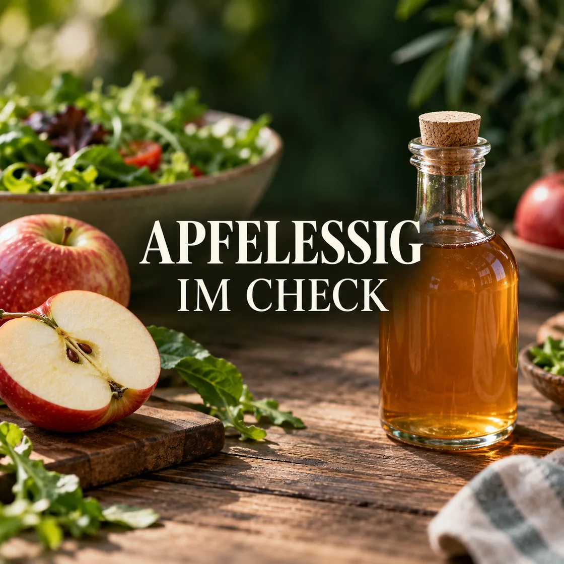 apfelessig gesund – Apfelessigflasche, Apfel und Salat mit dem Schriftzug Apfelessig im Check