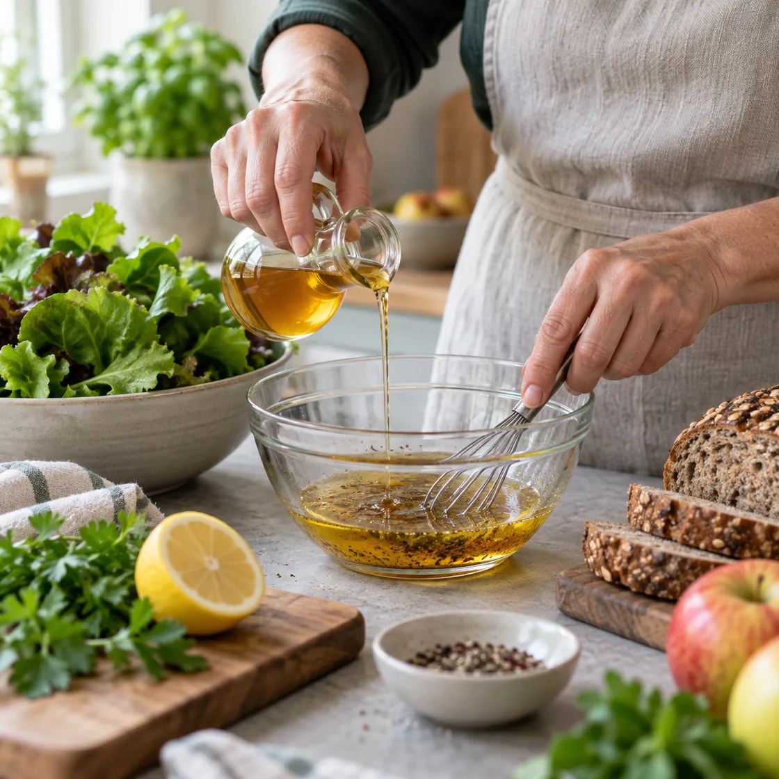 apfelessig zum abnehmen – Essig wird in ein Salatdressing gegossen