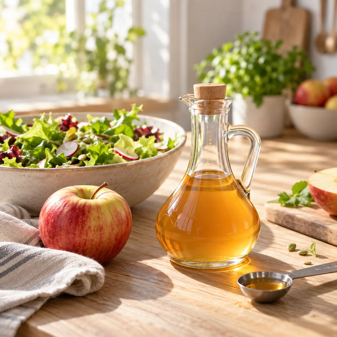 apfelessig zum abnehmen – Apfelessig und gemischter Salat auf dem Küchentisch