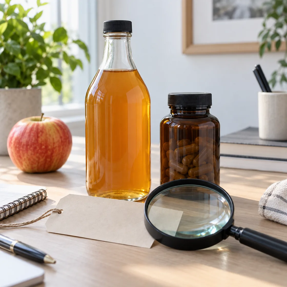 apfelessig zum abnehmen – unbeschriftete Essigflasche und Kapselglas beim Etikettencheck