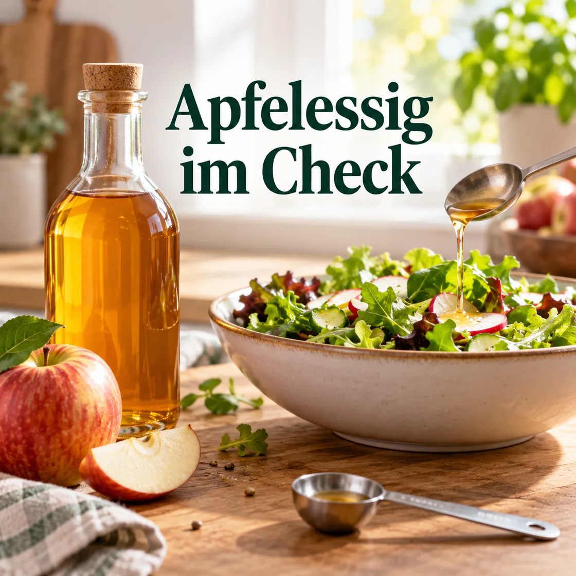 apfelessig zum abnehmen – Apfelessig neben Salat und Apfel mit dem Titel Apfelessig im Check