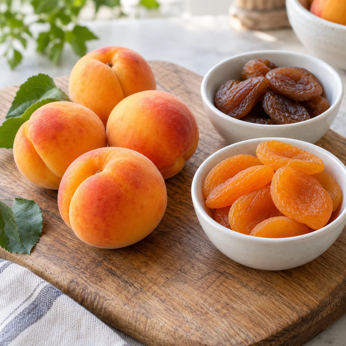 Aprikosen gesund: frische Früchte neben braunen und orangefarbenen Trockenaprikosen