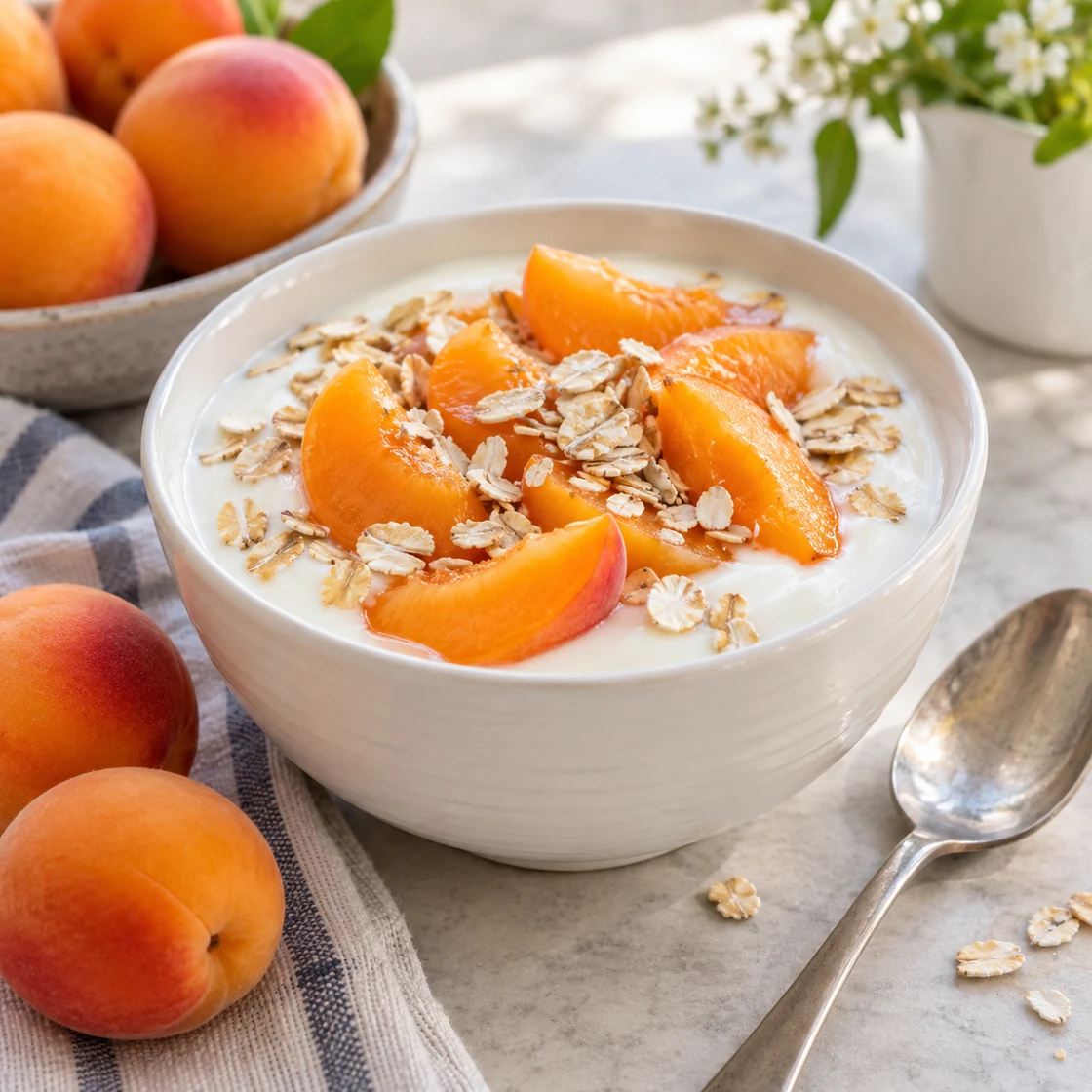 Aprikosen gesund: Naturjoghurt mit frischen Fruchtscheiben und Haferflocken