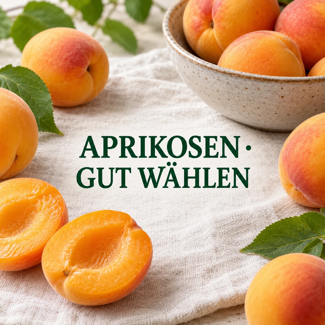 Aprikosen gesund: reife Früchte und Schriftzug APRIKOSEN GUT WÄHLEN