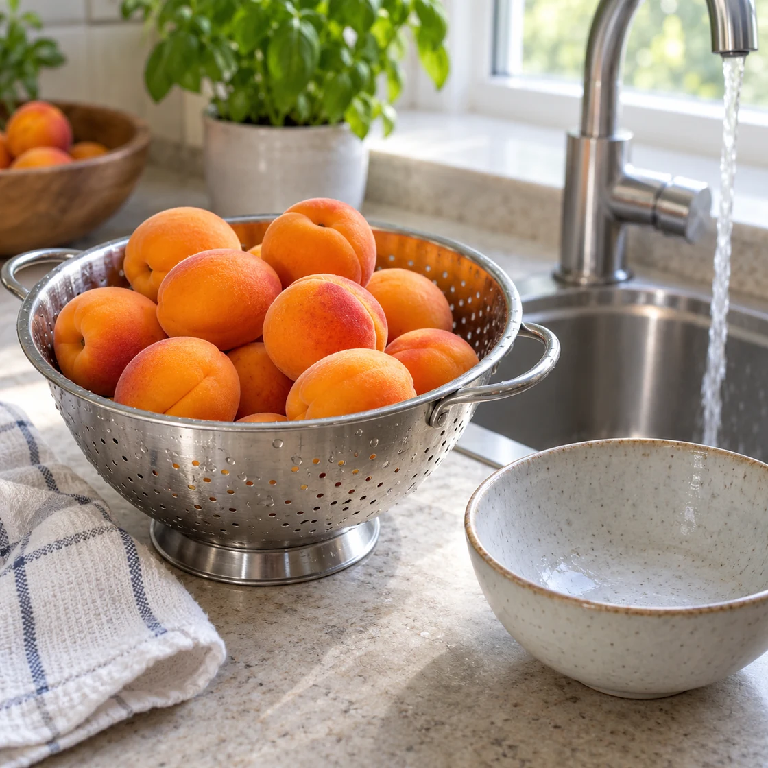 Aprikosen gesund: Früchte in einem Küchensieb neben dem Waschbecken