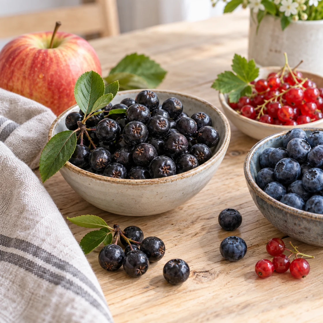 aroniasaft gesund – Aroniabeeren, Heidelbeeren, Johannisbeeren und Apfel