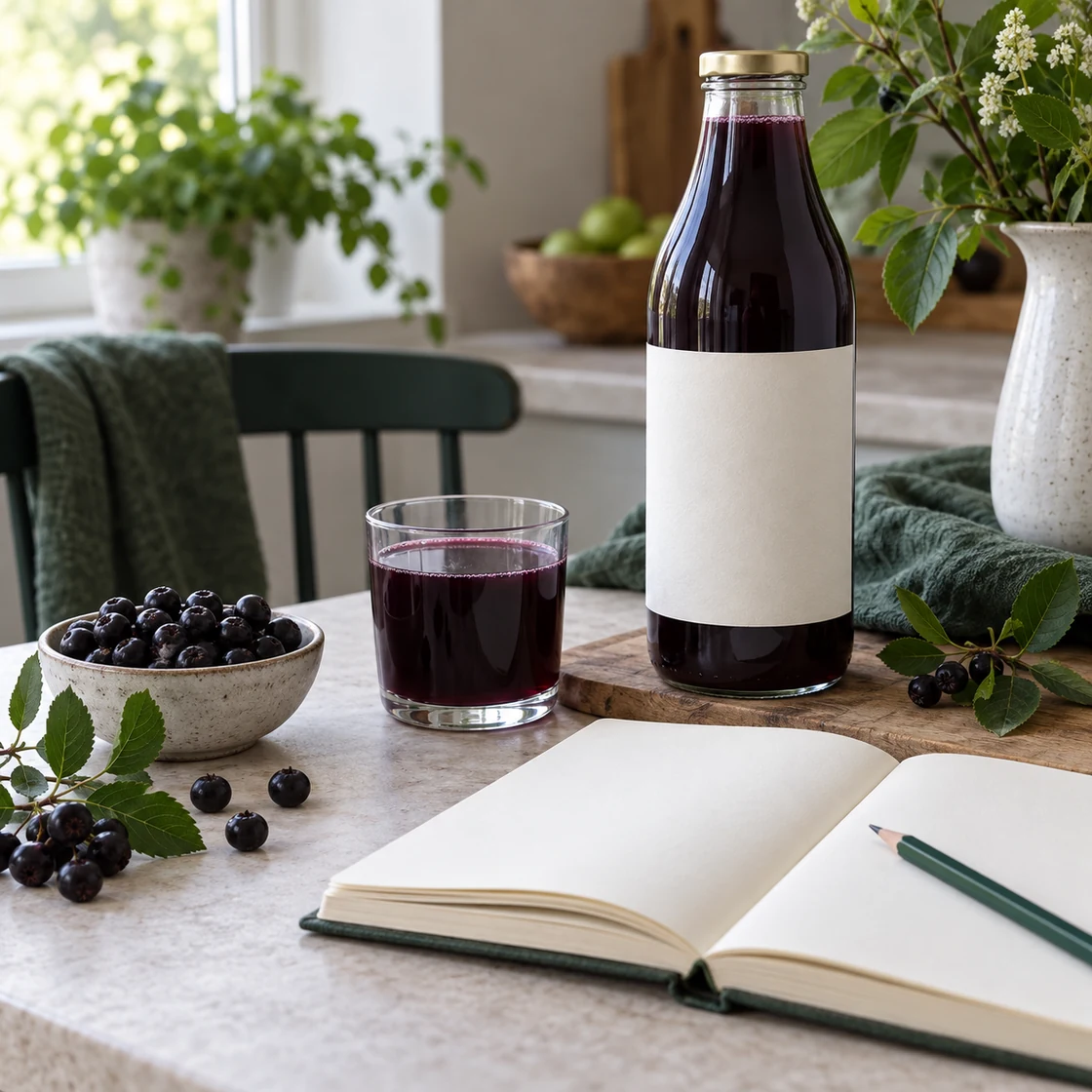 aroniasaft gesund – unbeschriftete Saftflasche neben einem leeren Notizbuch