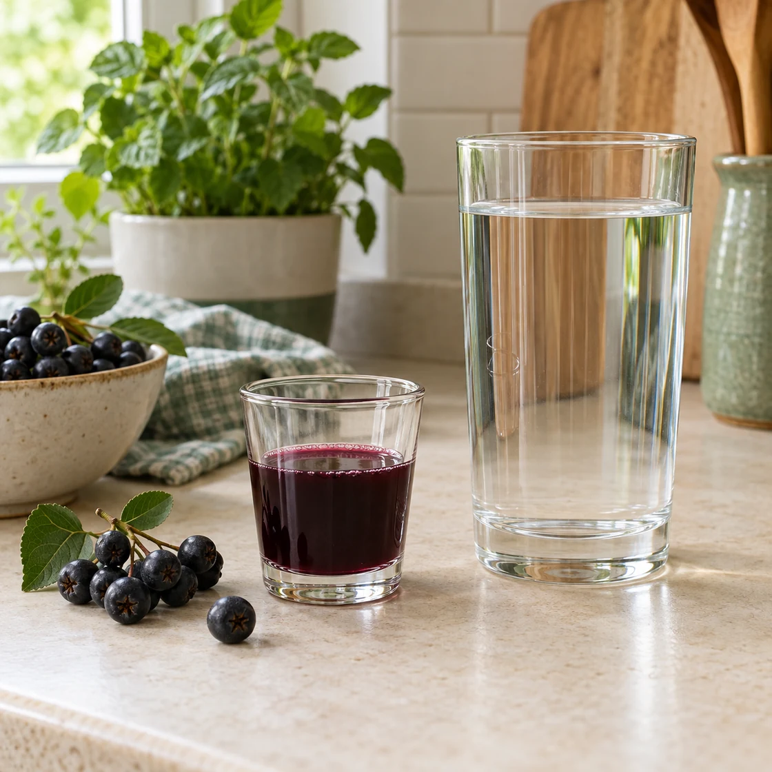 aroniasaft gesund – kleine Saftportion neben einem Glas Wasser
