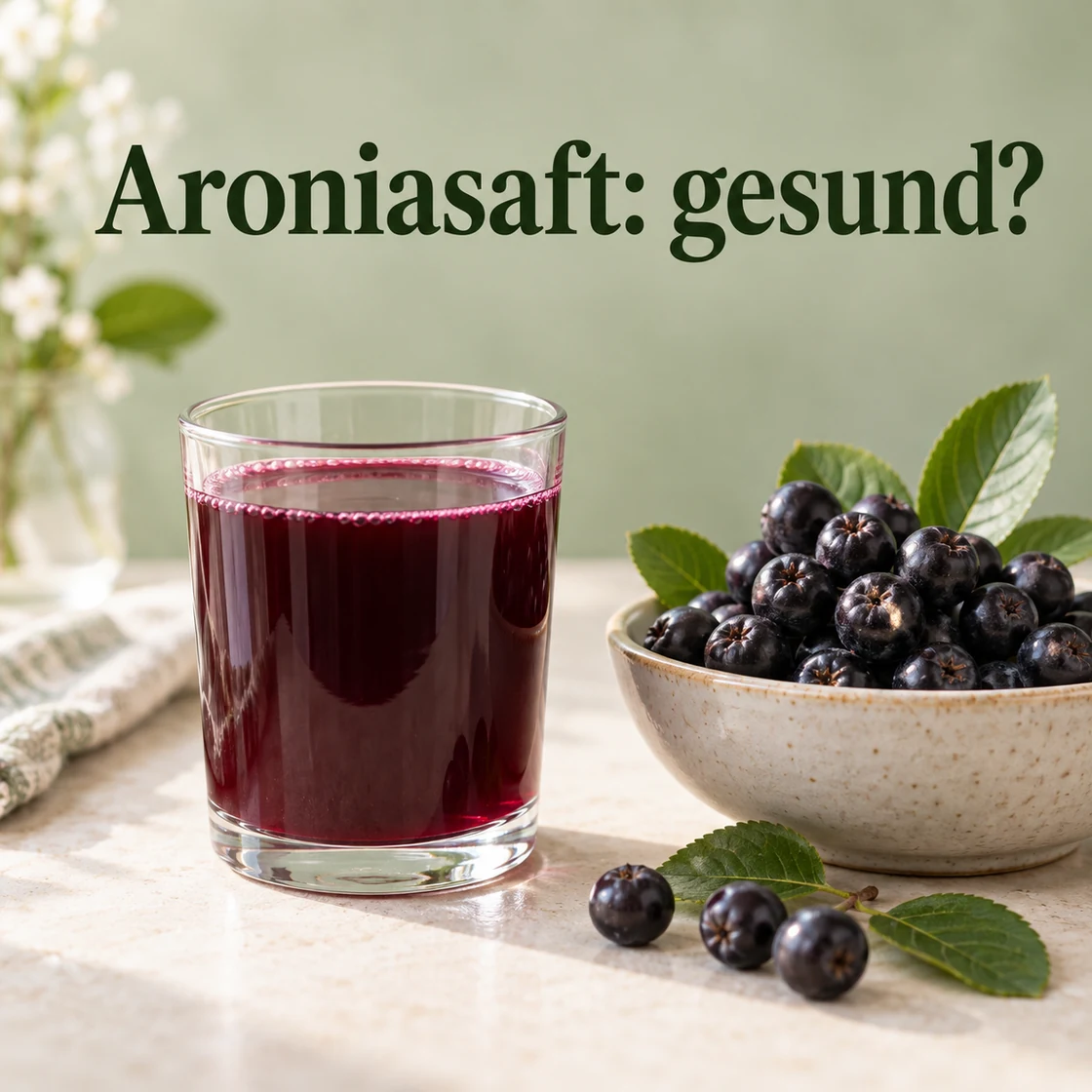 aroniasaft gesund – dunkler Saft und Aroniabeeren mit der Frage Aroniasaft: gesund?