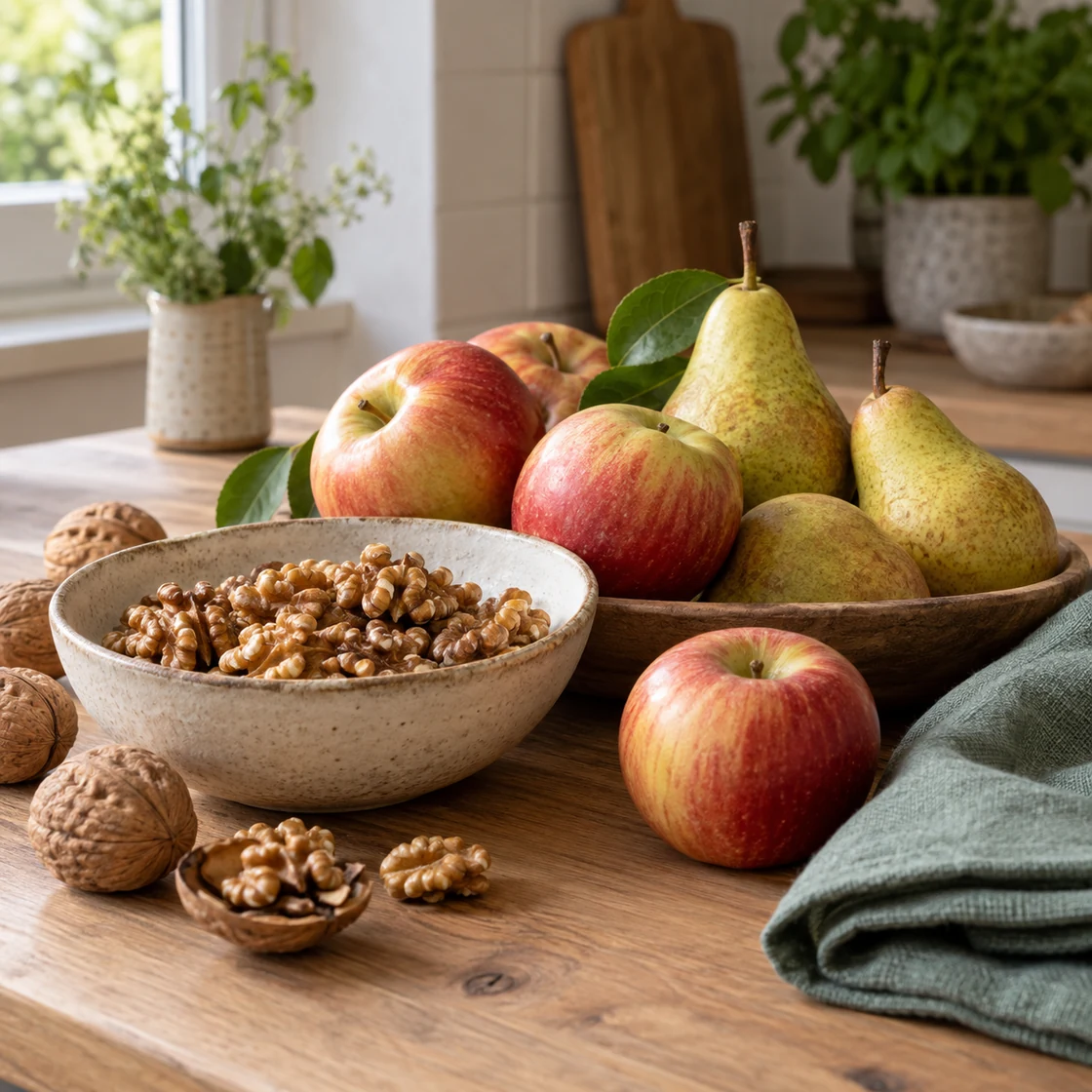 arteriosklerose ernährung – ganze Äpfel und Birnen neben ungesalzenen Walnüssen