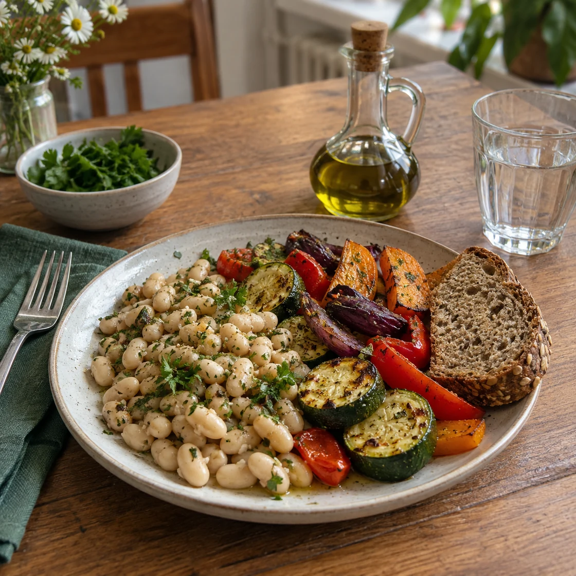 arteriosklerose ernährung – Mittagessen mit Bohnen, Gemüse und Vollkornbrot