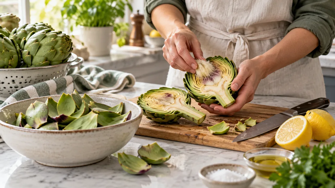 artischocken gesund – frische Artischocke in der Küche vorbereiten