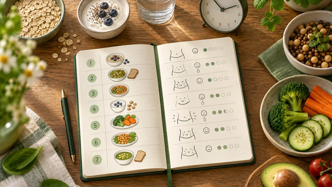 Aufgeblähter Bauch Hausmittel – Mahlzeiten, Uhrzeit, stilles Wasser und Notizbuch für ein Sieben-Tage-Protokoll.