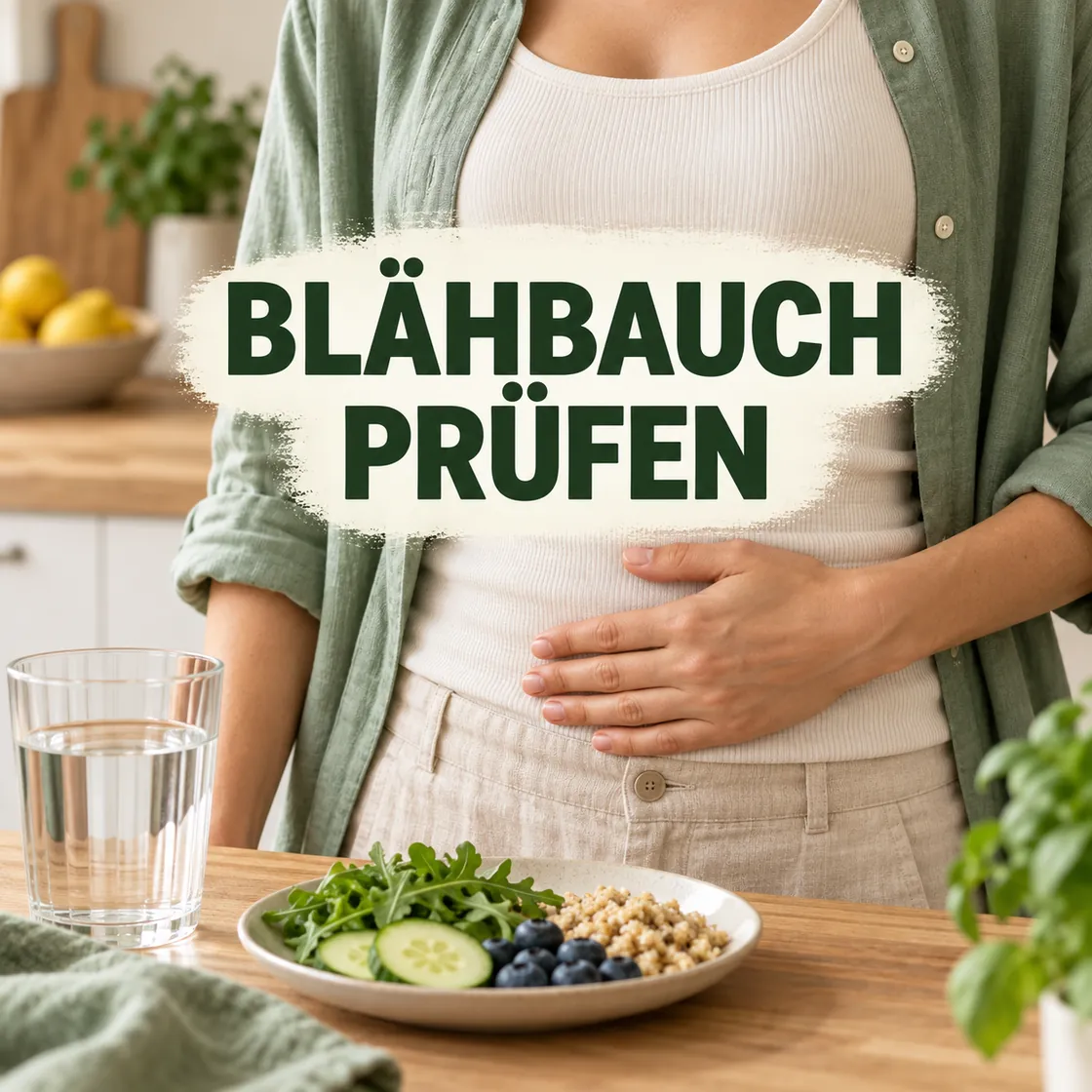 Aufgeblähter Bauch Hausmittel – Person mit einer Hand am Bauch und dem Hinweis Blähbauch prüfen.