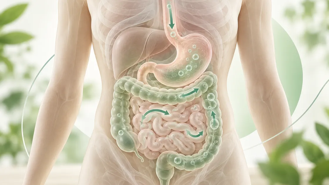 Aufgeblähter Bauch Hausmittel – Illustration von geschluckter Luft, Fermentation und Gas im Verdauungstrakt.